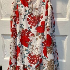 Floral Red & White Sun Dress, Size Small
